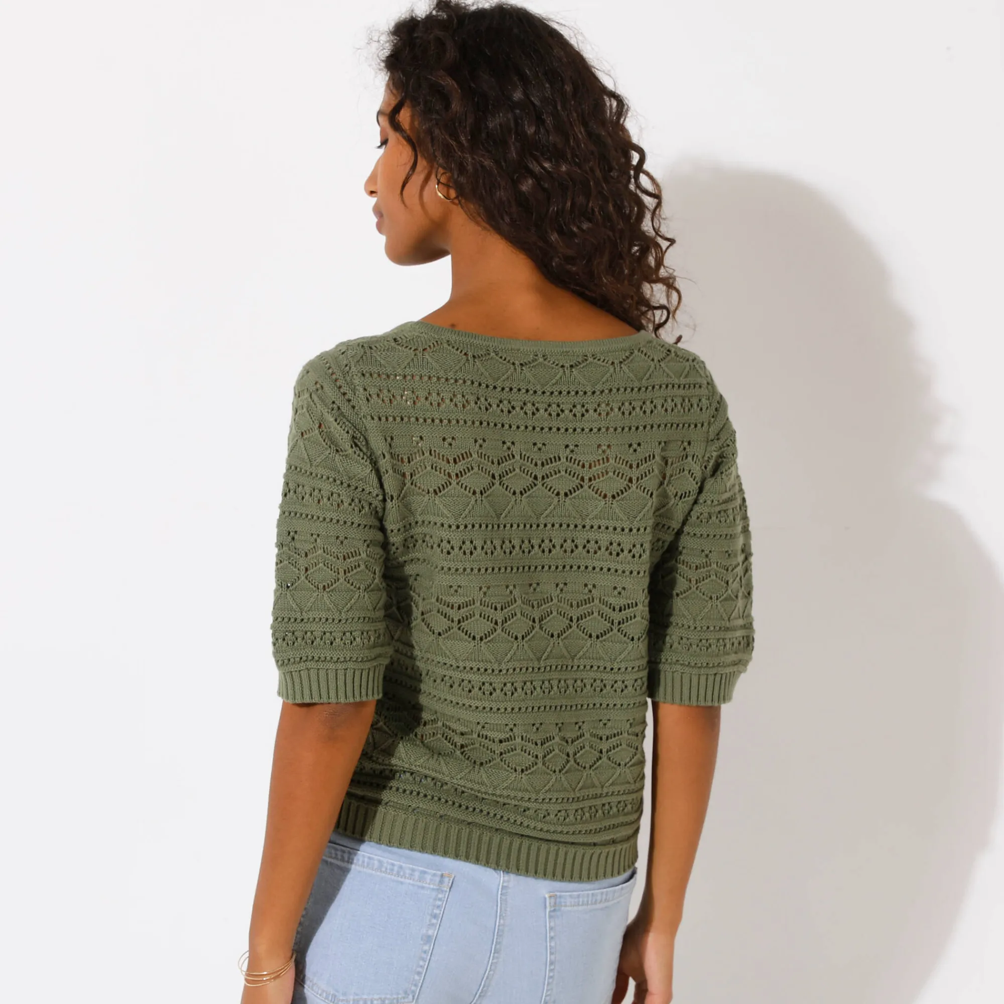 Trui En Vest<Blancheporte Effen trui met vierkante hals, ajourtricot kaki