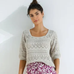 Trui En Vest<Blancheporte Effen trui met vierkante hals, ajourtricot beige