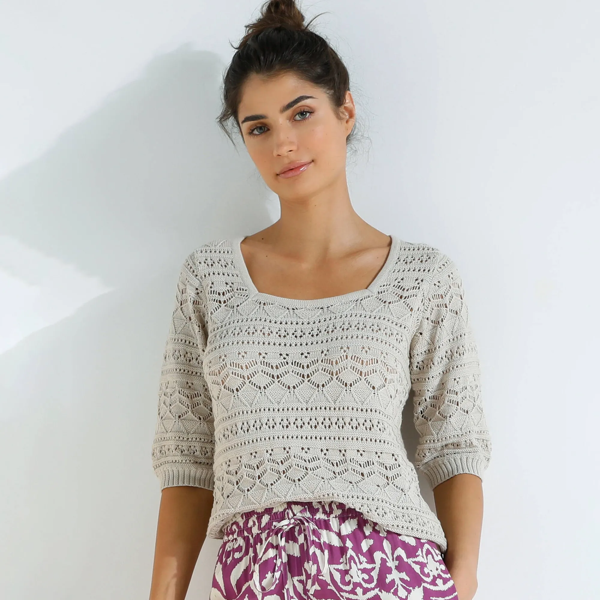 Trui En Vest<Blancheporte Effen trui met vierkante hals, ajourtricot beige