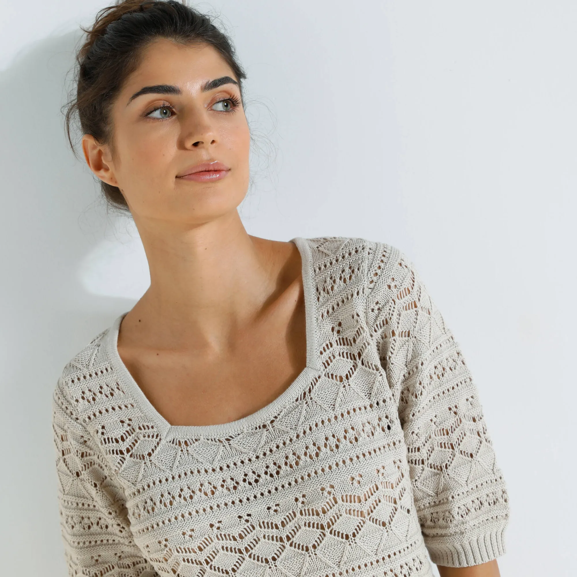 Trui En Vest<Blancheporte Effen trui met vierkante hals, ajourtricot beige