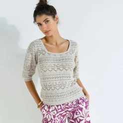 Trui En Vest<Blancheporte Effen trui met vierkante hals, ajourtricot beige