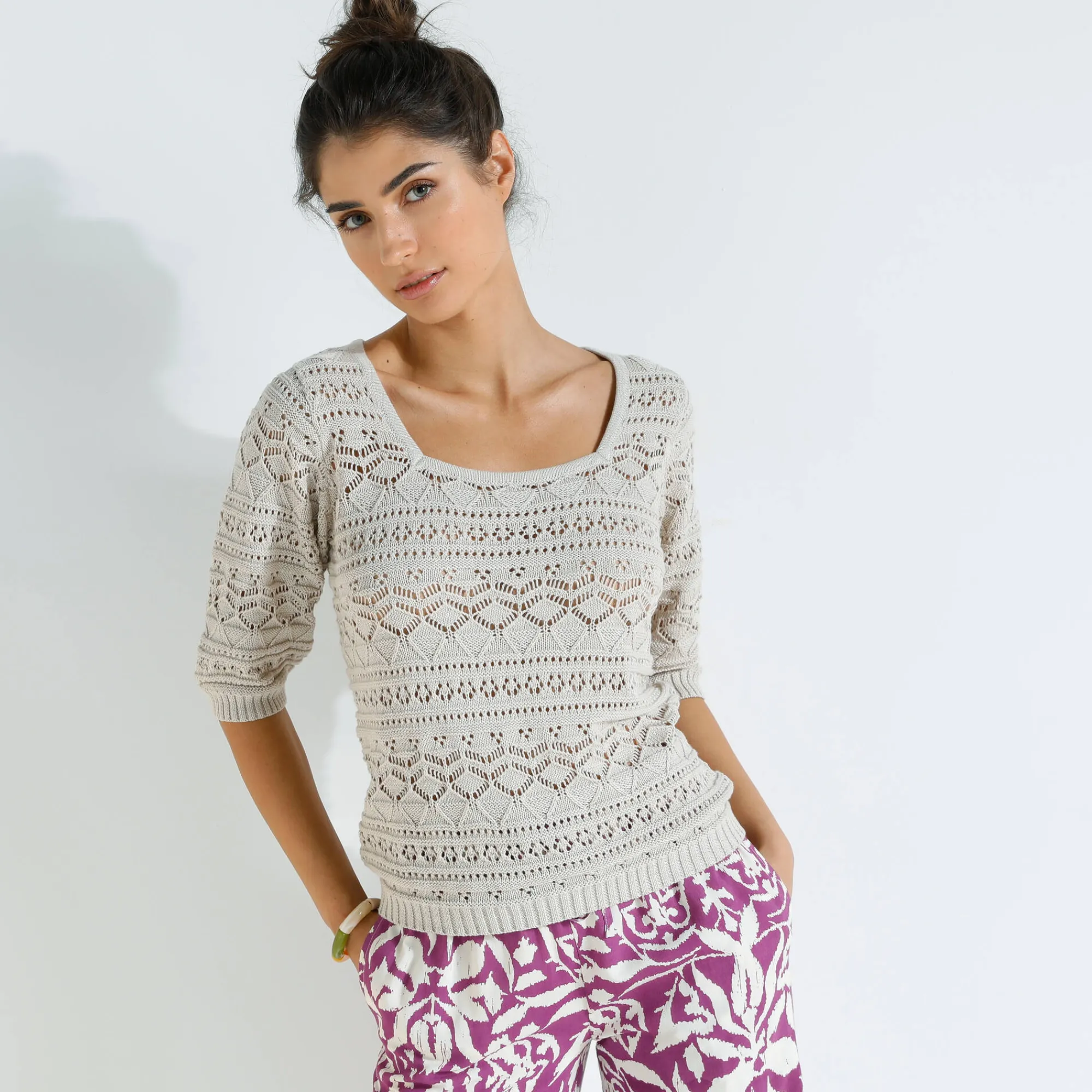 Trui En Vest<Blancheporte Effen trui met vierkante hals, ajourtricot beige