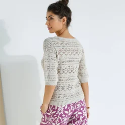 Trui En Vest<Blancheporte Effen trui met vierkante hals, ajourtricot beige