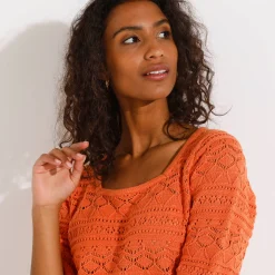 Trui En Vest<Blancheporte Effen trui met vierkante hals, ajourtricot mandarijn