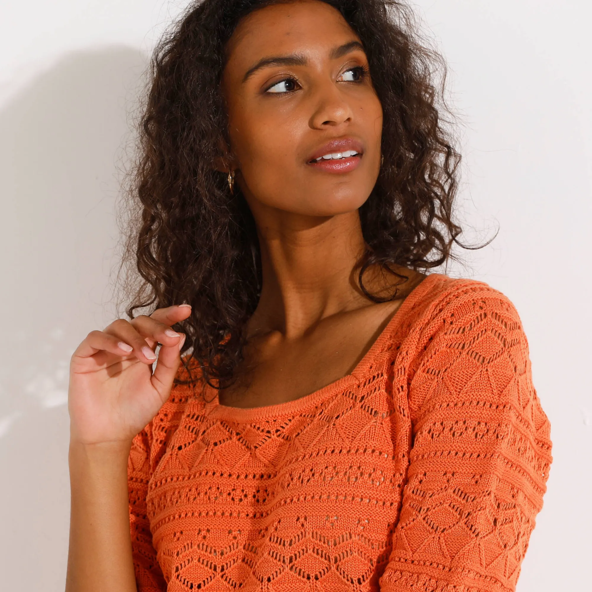 Trui En Vest<Blancheporte Effen trui met vierkante hals, ajourtricot mandarijn