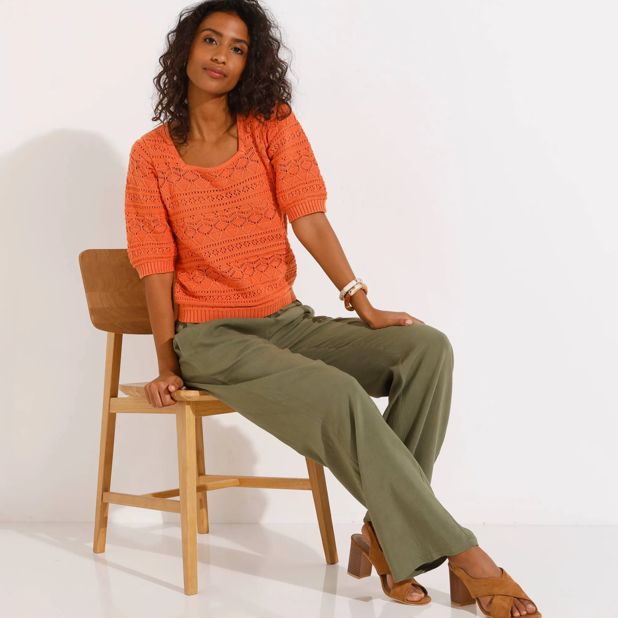 Trui En Vest<Blancheporte Effen trui met vierkante hals, ajourtricot mandarijn