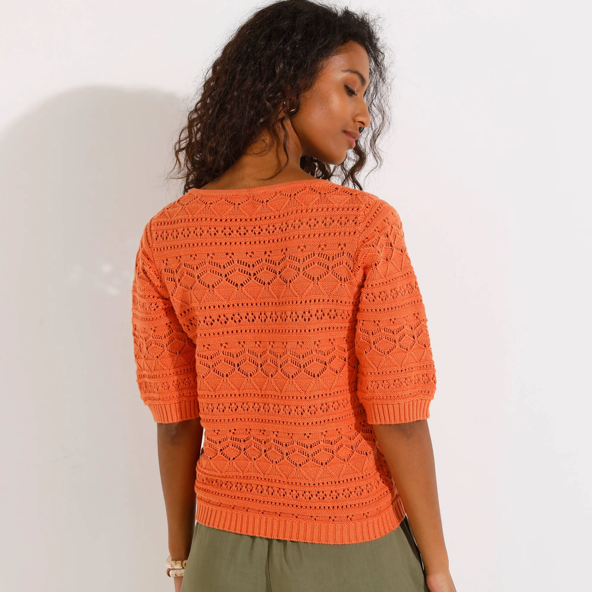 Trui En Vest<Blancheporte Effen trui met vierkante hals, ajourtricot mandarijn