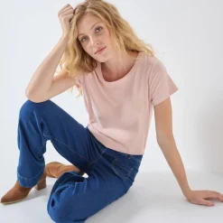 T-Shirt En Topje<Blancheporte Effen T-shirt met 'hart' borduursel, korte mouwen zachtroze