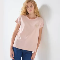 T-Shirt En Topje<Blancheporte Effen T-shirt met 'hart' borduursel, korte mouwen zachtroze