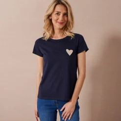 T-Shirt En Topje<Blancheporte Effen T-shirt met 'hart' borduursel, korte mouwen marine