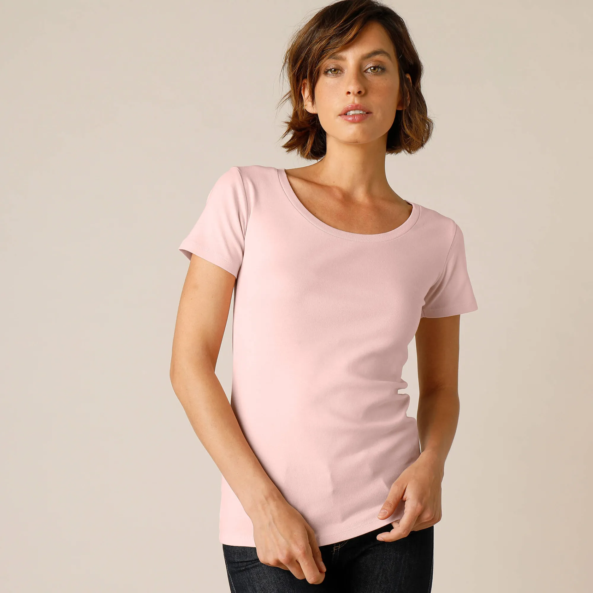 T-Shirt En Topje<Blancheporte Effen T-shirt met korte mouwen en ronde hals in biokatoen(**) poederroze