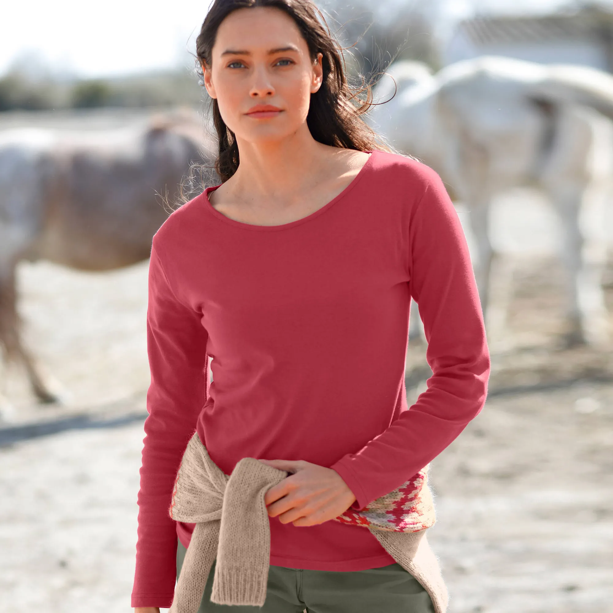 T-Shirt En Topje<Blancheporte Effen T-shirt met lange mouwen in biokatoen(**) kersenrood