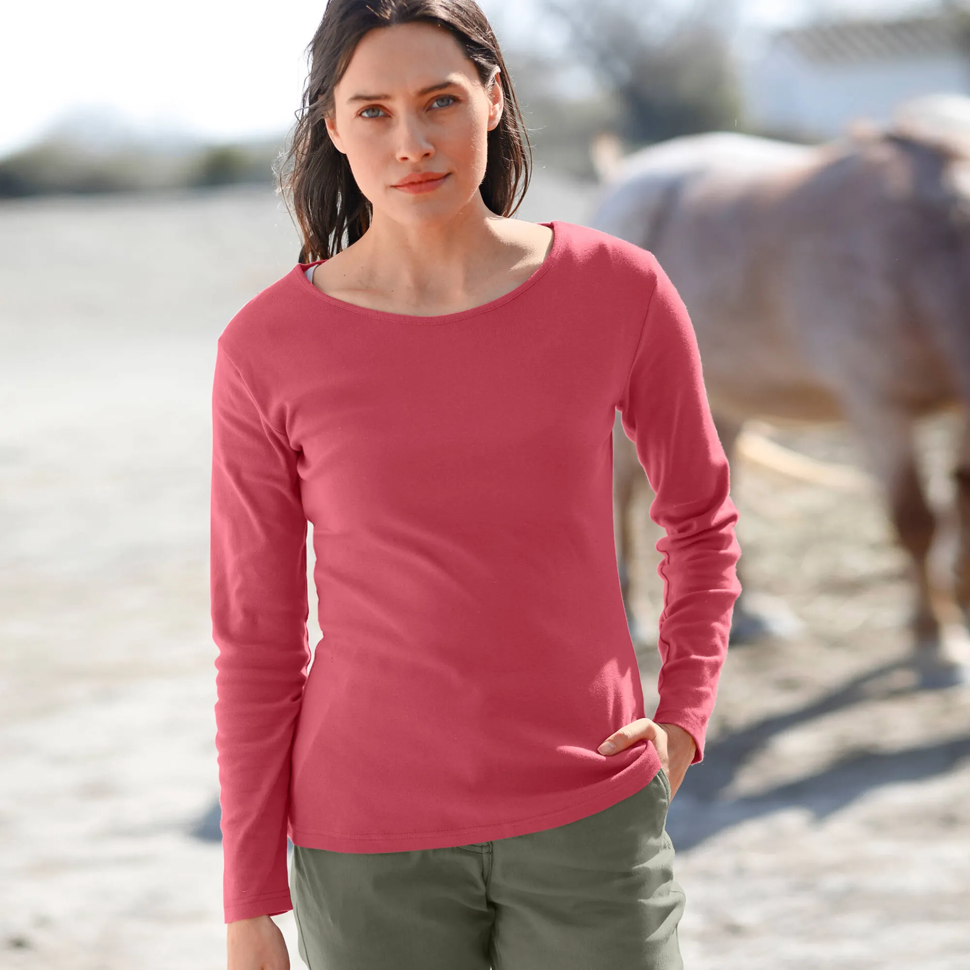 T-Shirt En Topje<Blancheporte Effen T-shirt met lange mouwen in biokatoen(**) kersenrood