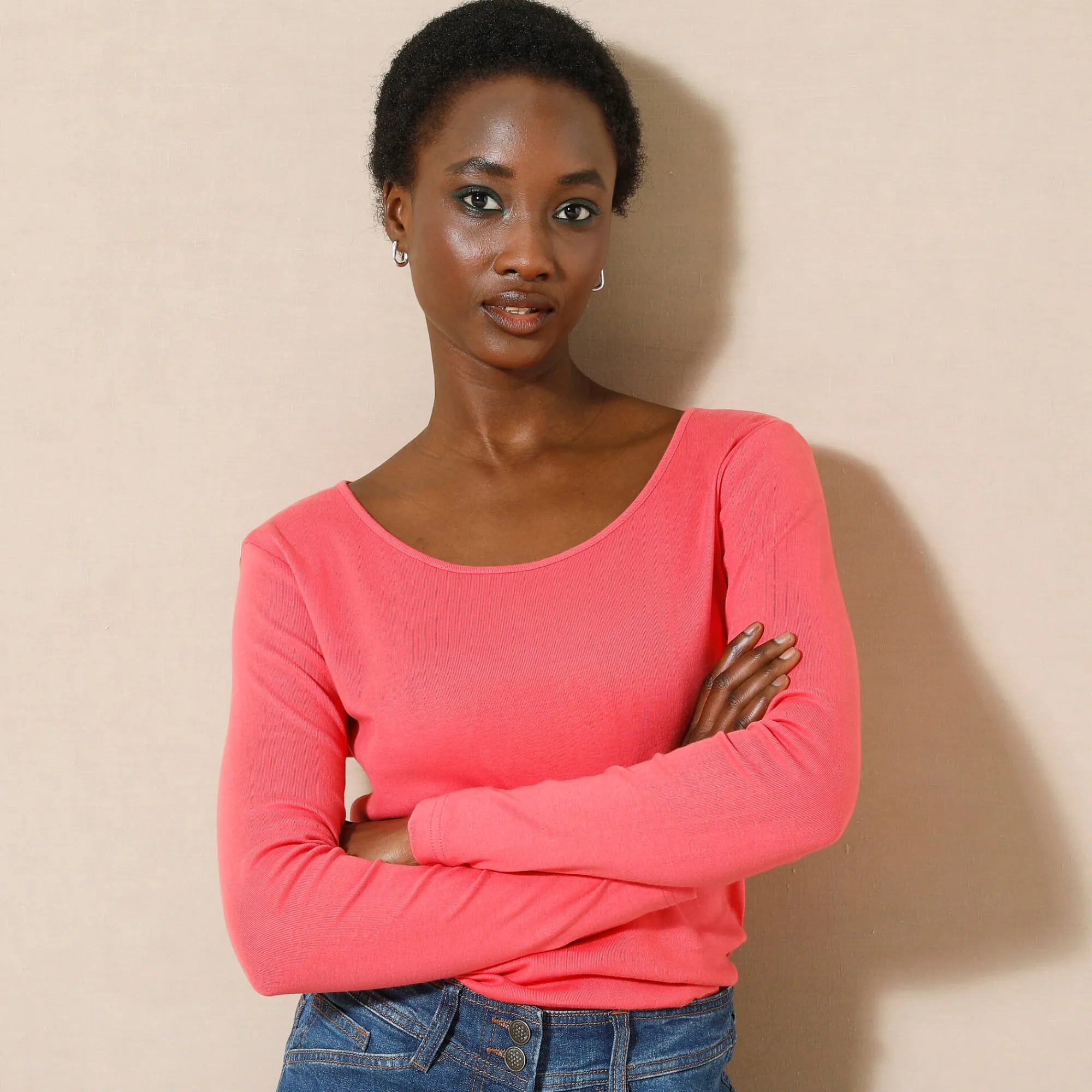 T-Shirt En Topje<Blancheporte Effen T-shirt met lange mouwen in biokatoen(**) koraal