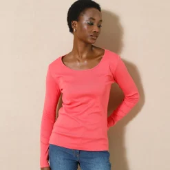 T-Shirt En Topje<Blancheporte Effen T-shirt met lange mouwen in biokatoen(**) koraal