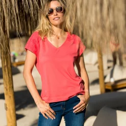 T-Shirt En Topje<Blancheporte Effen T-shirt met macramé koraal