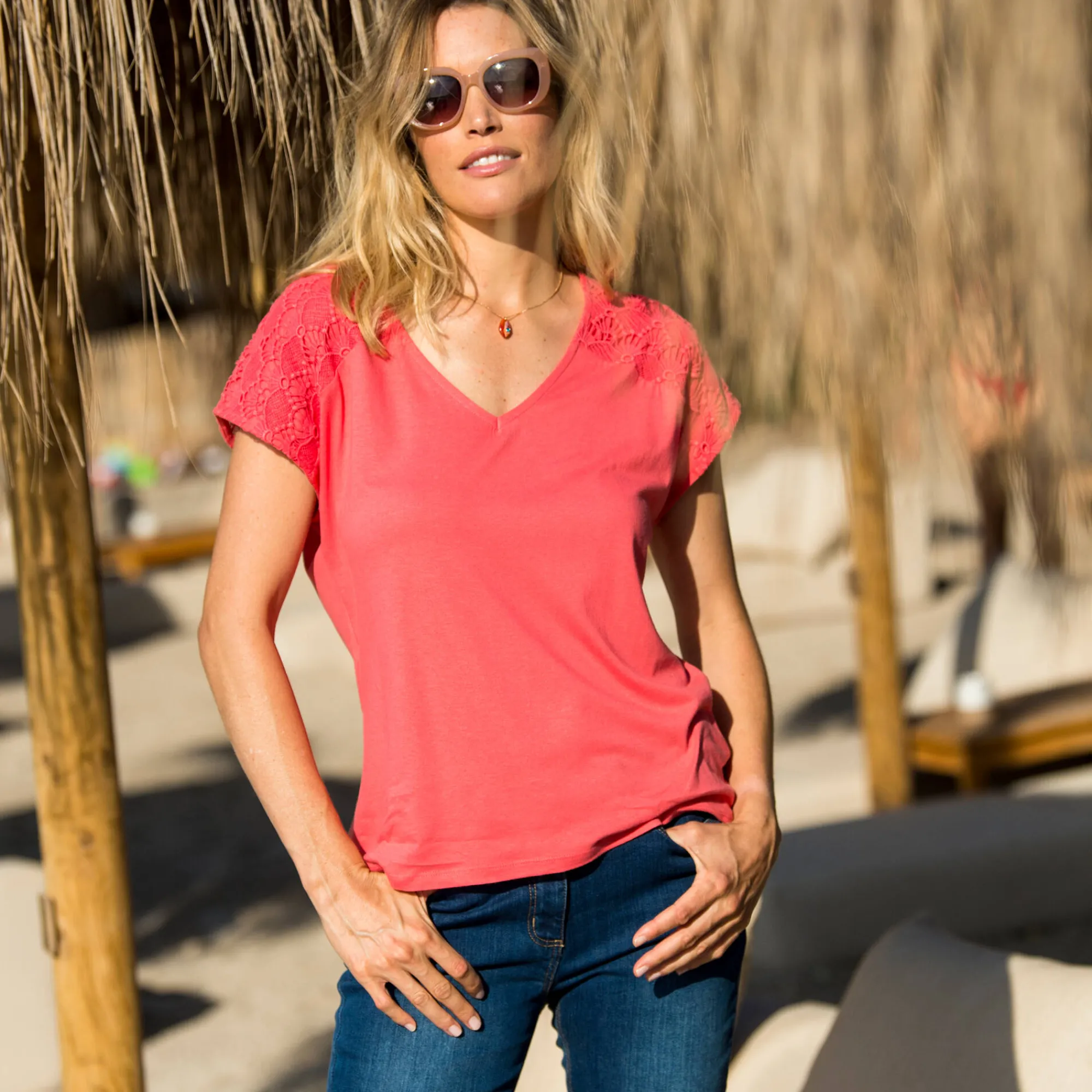 T-Shirt En Topje<Blancheporte Effen T-shirt met macramé koraal