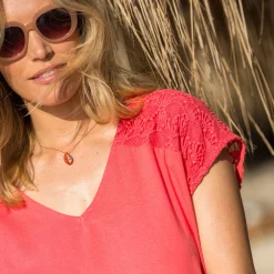 T-Shirt En Topje<Blancheporte Effen T-shirt met macramé koraal