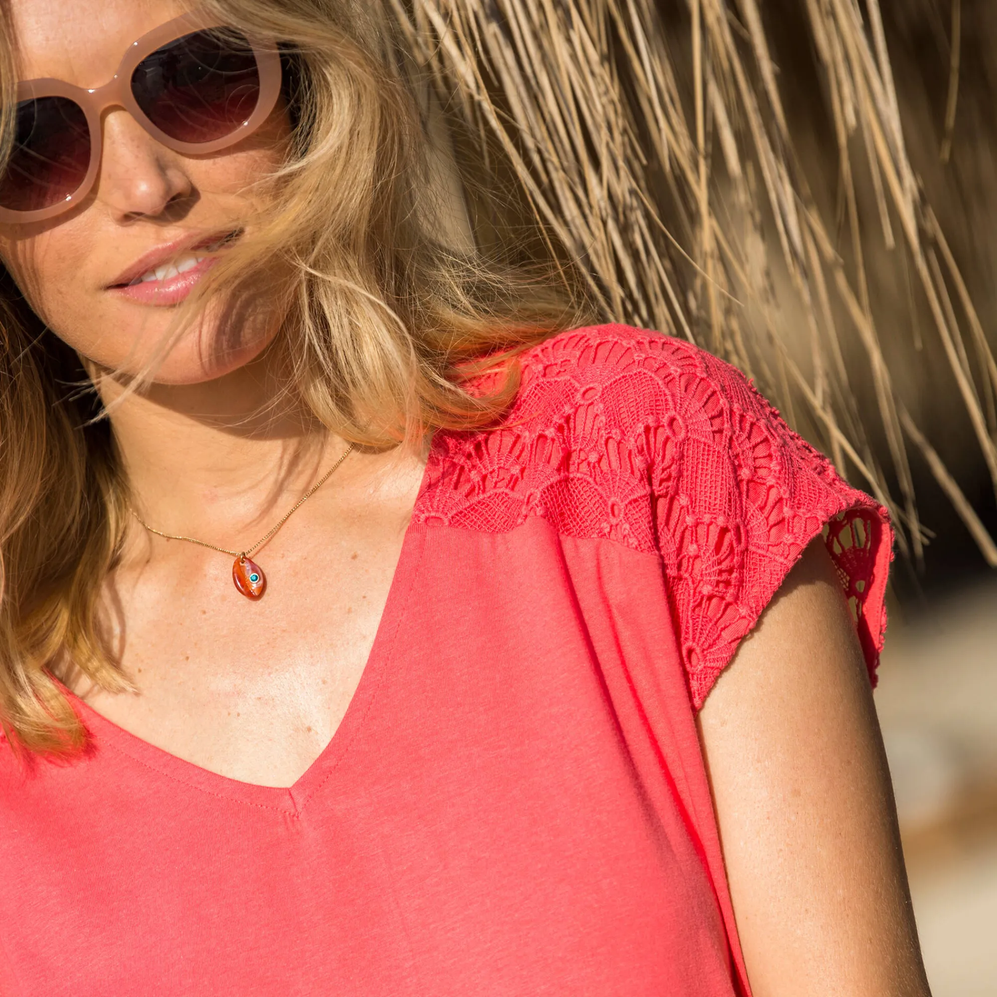 T-Shirt En Topje<Blancheporte Effen T-shirt met macramé koraal