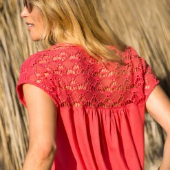 T-Shirt En Topje<Blancheporte Effen T-shirt met macramé koraal