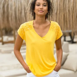 T-Shirt En Topje<Blancheporte Effen T-shirt met macramé geel