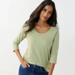 T-Shirt En Topje<Blancheporte Effen T-shirt met 3/4-mouwen en ronde hals, katoen lichtkaki