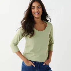 T-Shirt En Topje<Blancheporte Effen T-shirt met 3/4-mouwen en ronde hals, katoen lichtkaki
