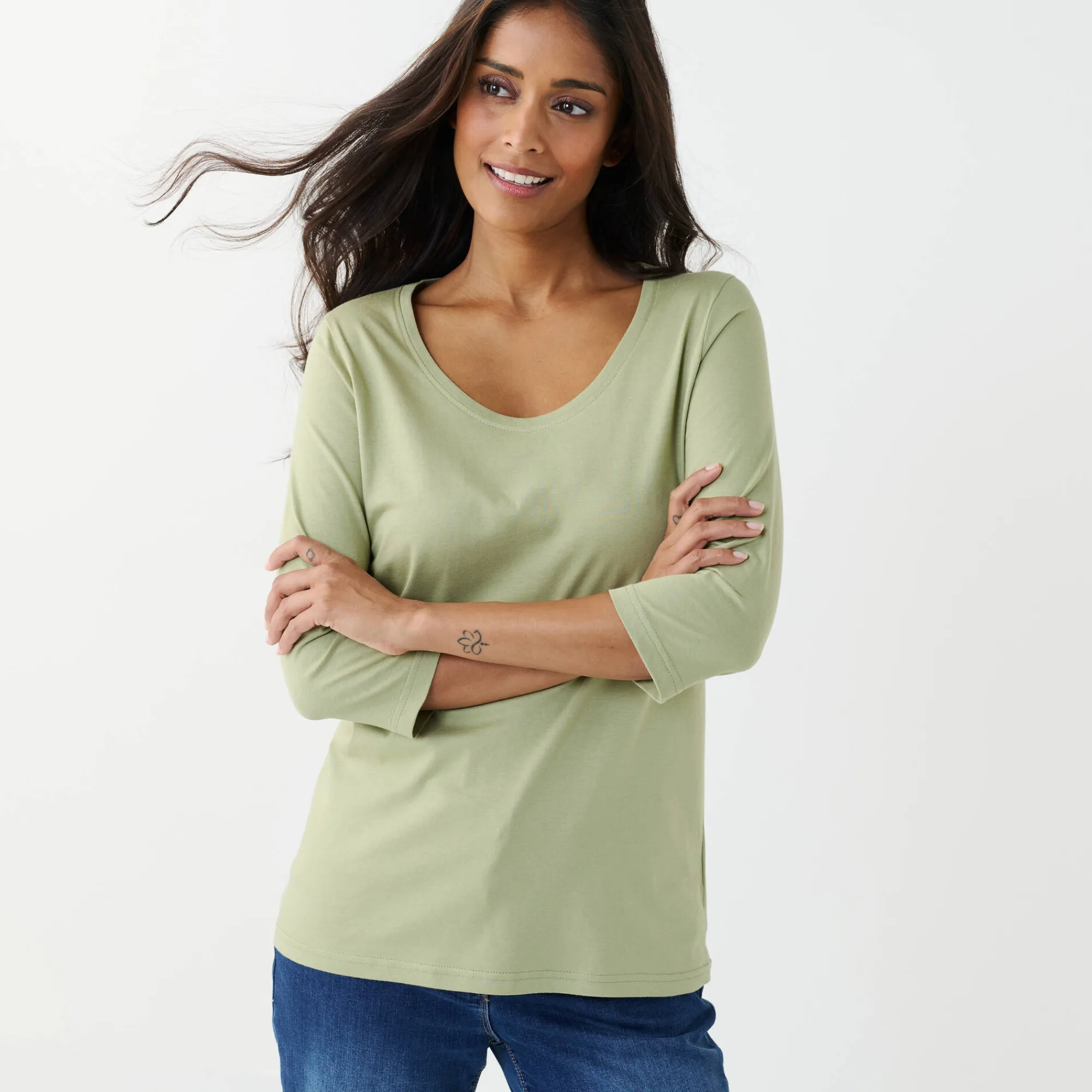 T-Shirt En Topje<Blancheporte Effen T-shirt met 3/4-mouwen en ronde hals, katoen lichtkaki