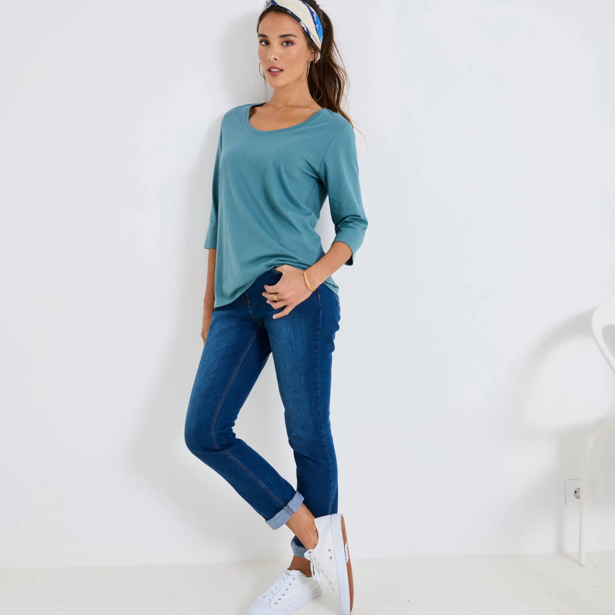 T-Shirt En Topje<Blancheporte Effen T-shirt met 3/4-mouwen en ronde hals, katoen grijsgroen