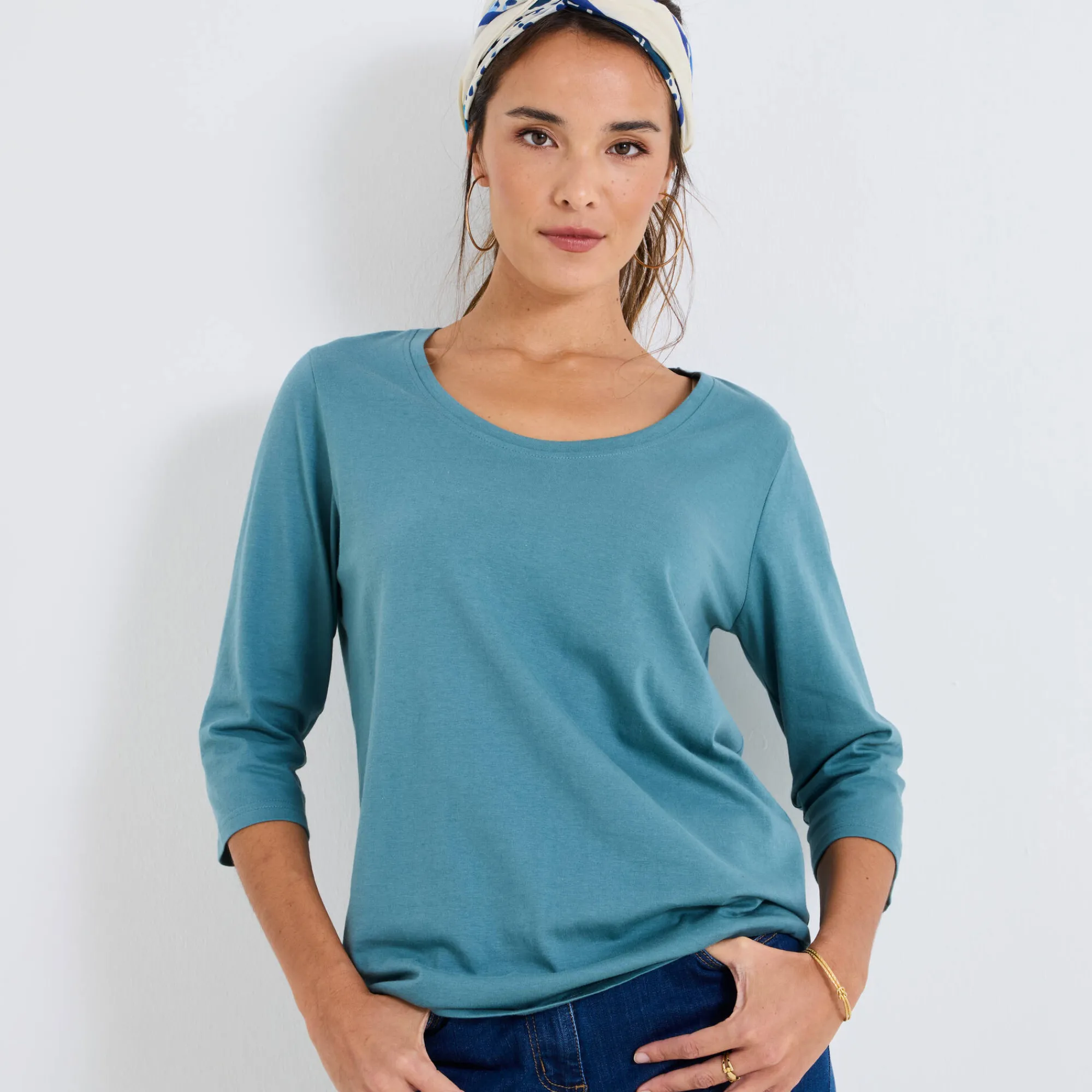 T-Shirt En Topje<Blancheporte Effen T-shirt met 3/4-mouwen en ronde hals, katoen grijsgroen