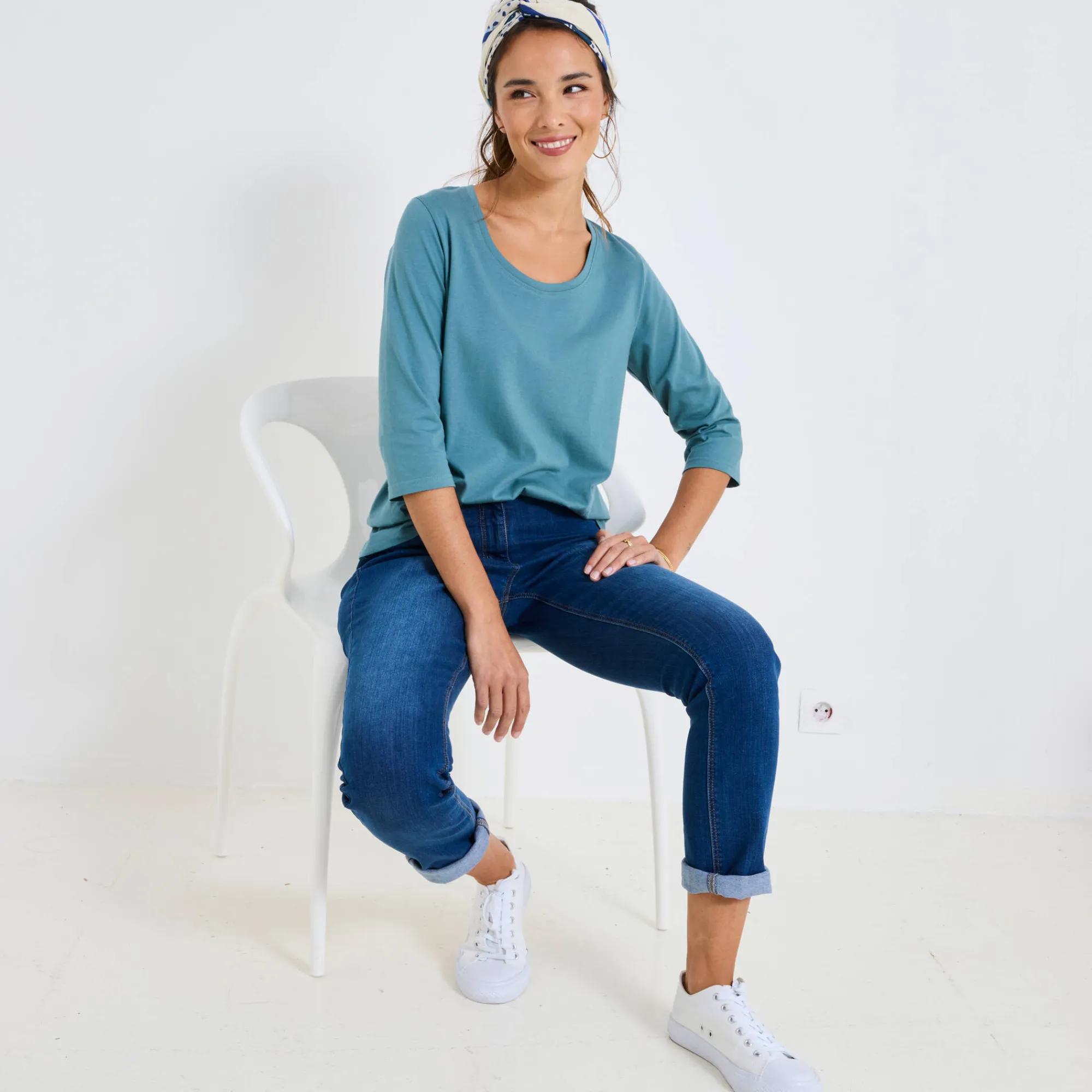 T-Shirt En Topje<Blancheporte Effen T-shirt met 3/4-mouwen en ronde hals, katoen grijsgroen