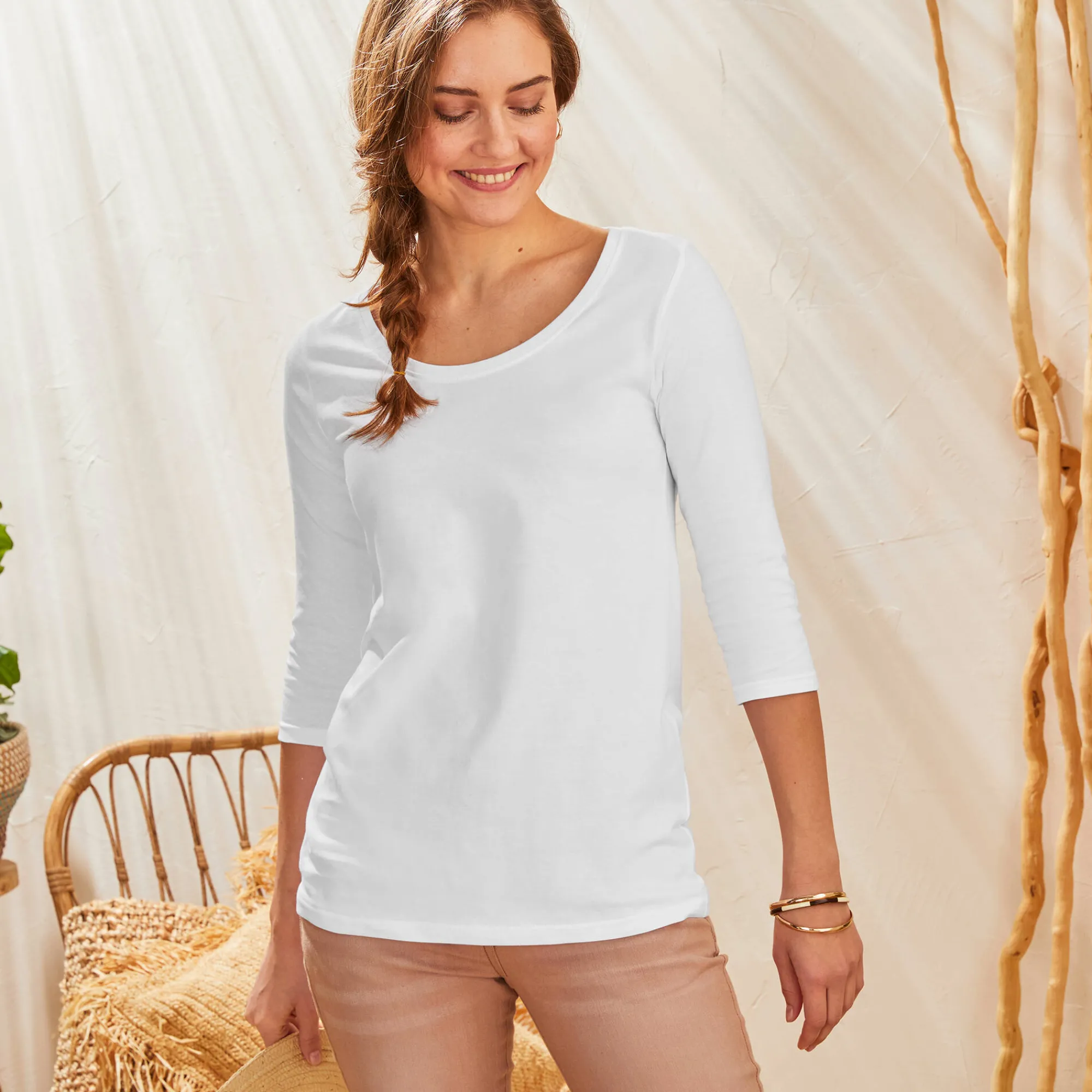 T-Shirt En Topje<Blancheporte Effen T-shirt met 3/4-mouwen en ronde hals, katoen wit