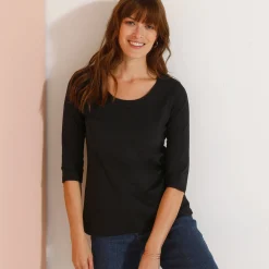 T-Shirt En Topje<Blancheporte Effen T-shirt met 3/4-mouwen en ronde hals, katoen zwart