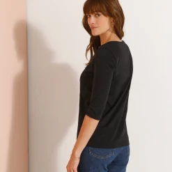T-Shirt En Topje<Blancheporte Effen T-shirt met 3/4-mouwen en ronde hals, katoen zwart