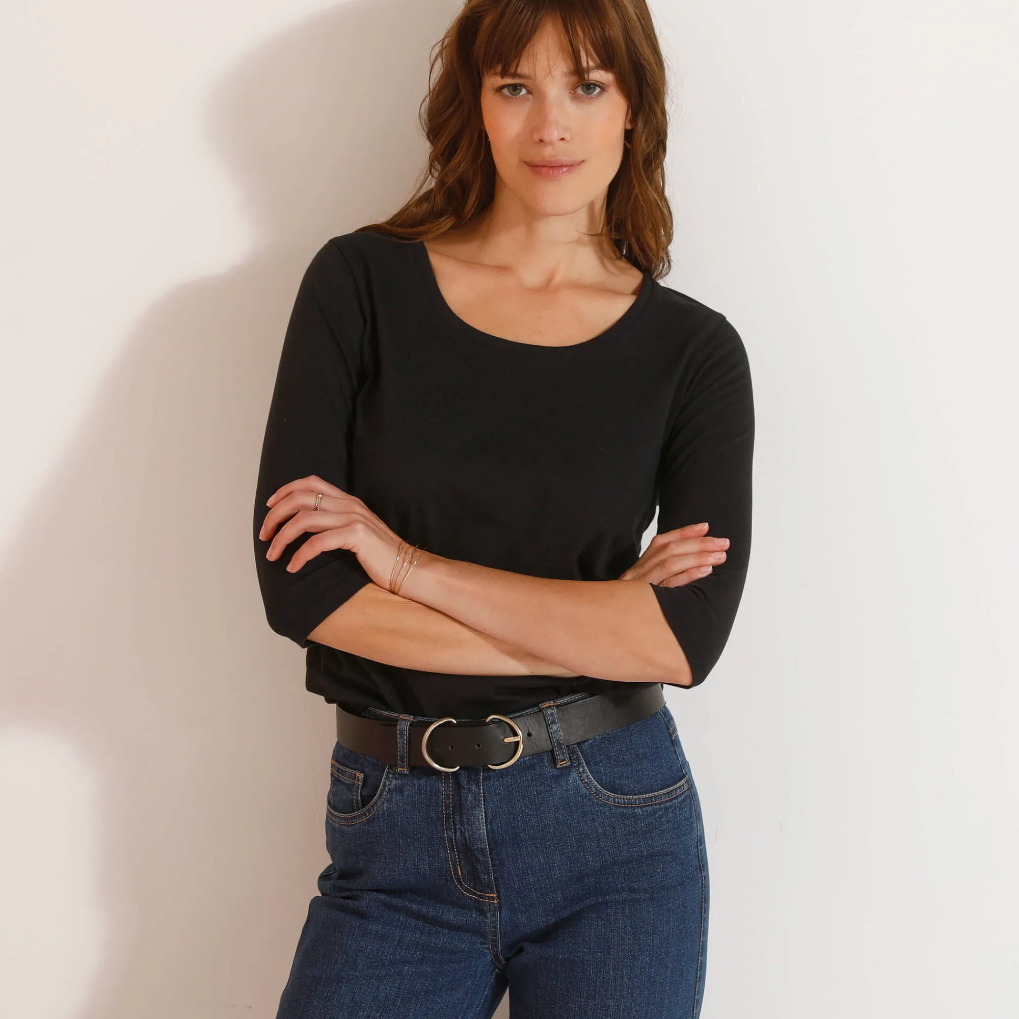 T-Shirt En Topje<Blancheporte Effen T-shirt met 3/4-mouwen en ronde hals, katoen zwart