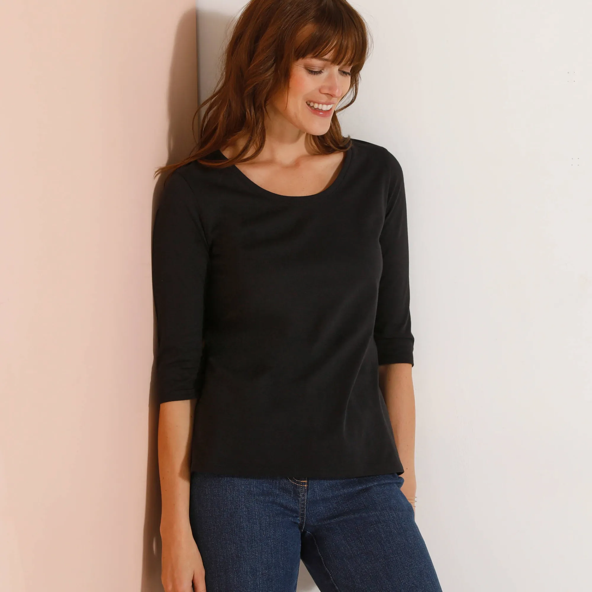 T-Shirt En Topje<Blancheporte Effen T-shirt met 3/4-mouwen en ronde hals, katoen zwart