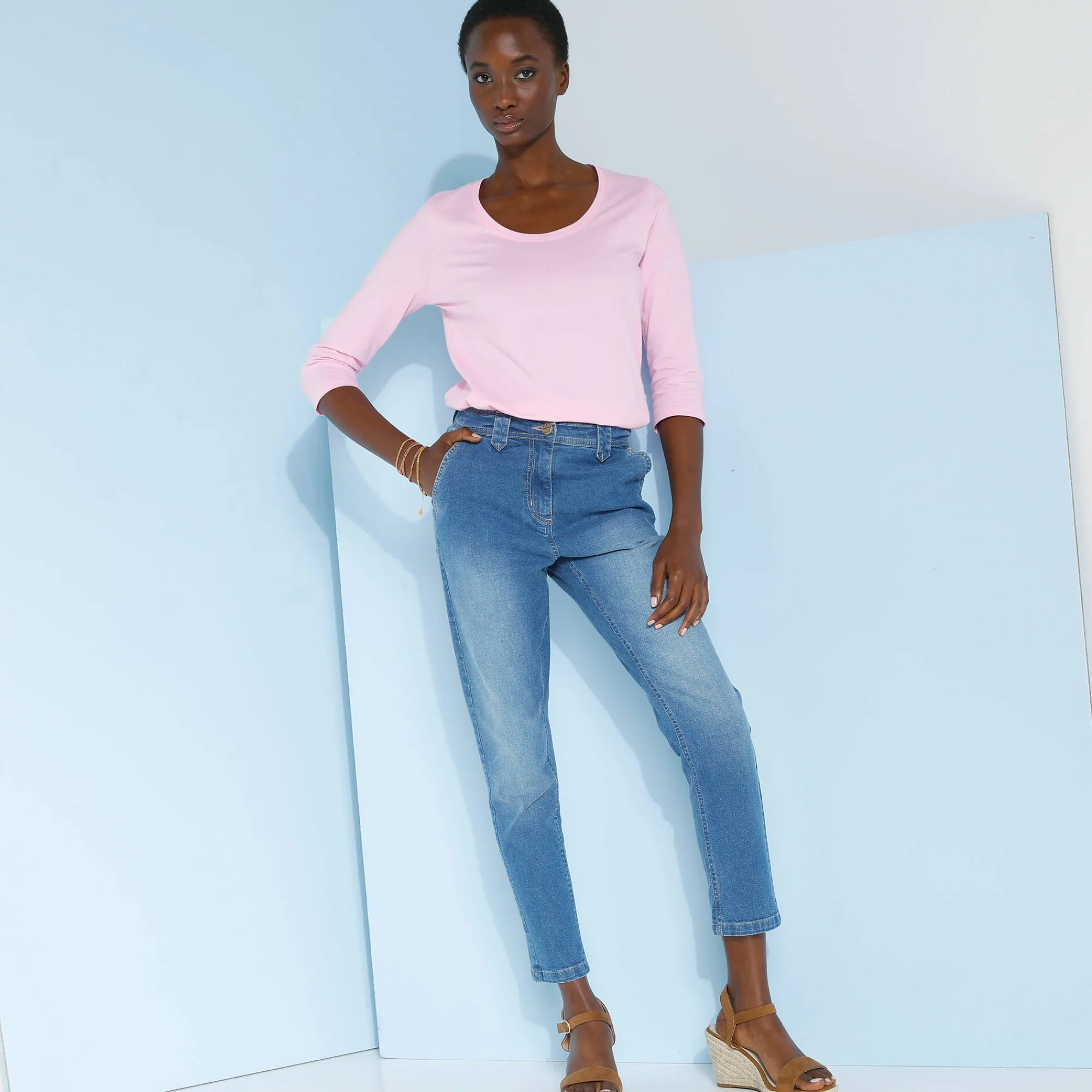 T-Shirt En Topje<Blancheporte Effen T-shirt met 3/4-mouwen en ronde hals, katoen zachtroze