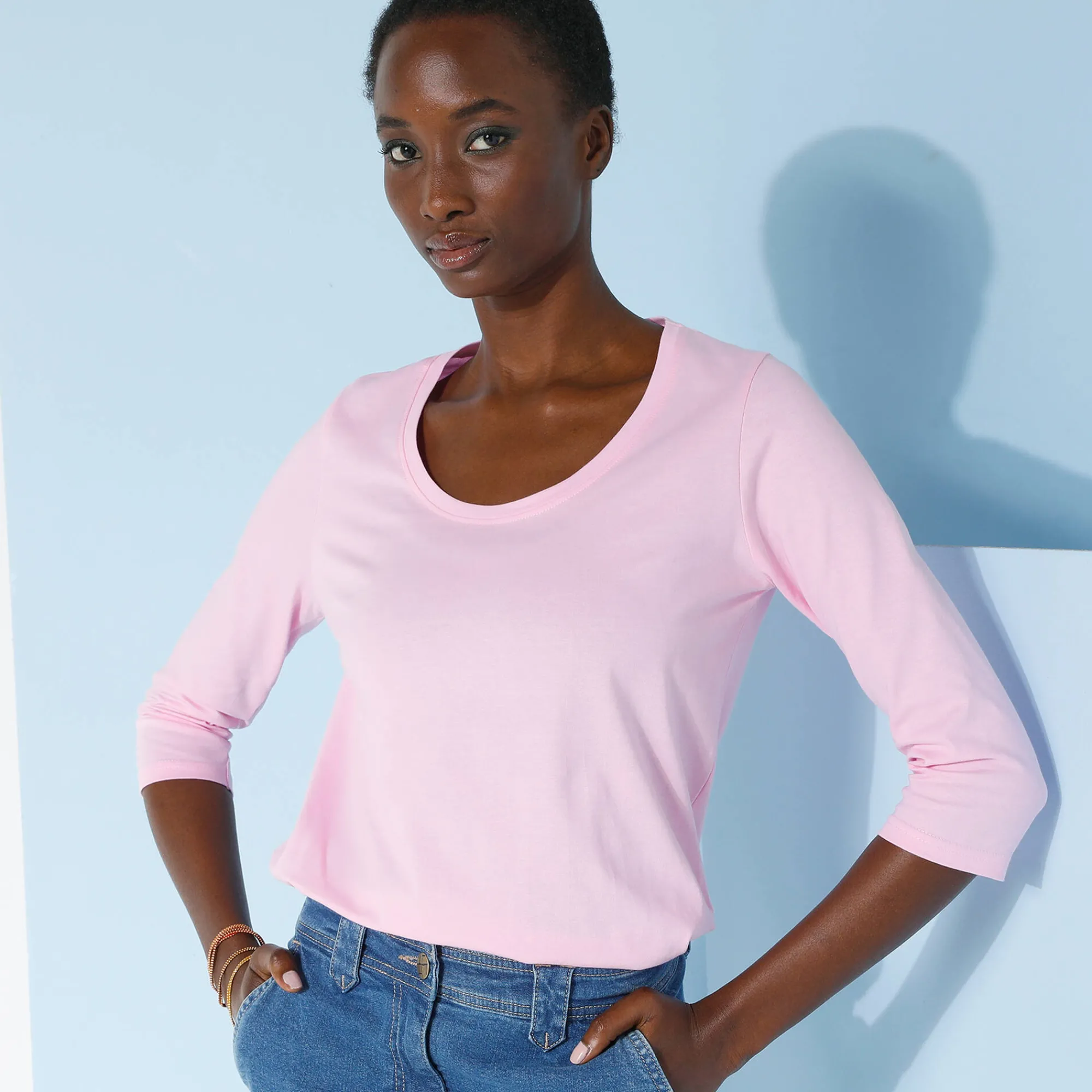 T-Shirt En Topje<Blancheporte Effen T-shirt met 3/4-mouwen en ronde hals, katoen zachtroze