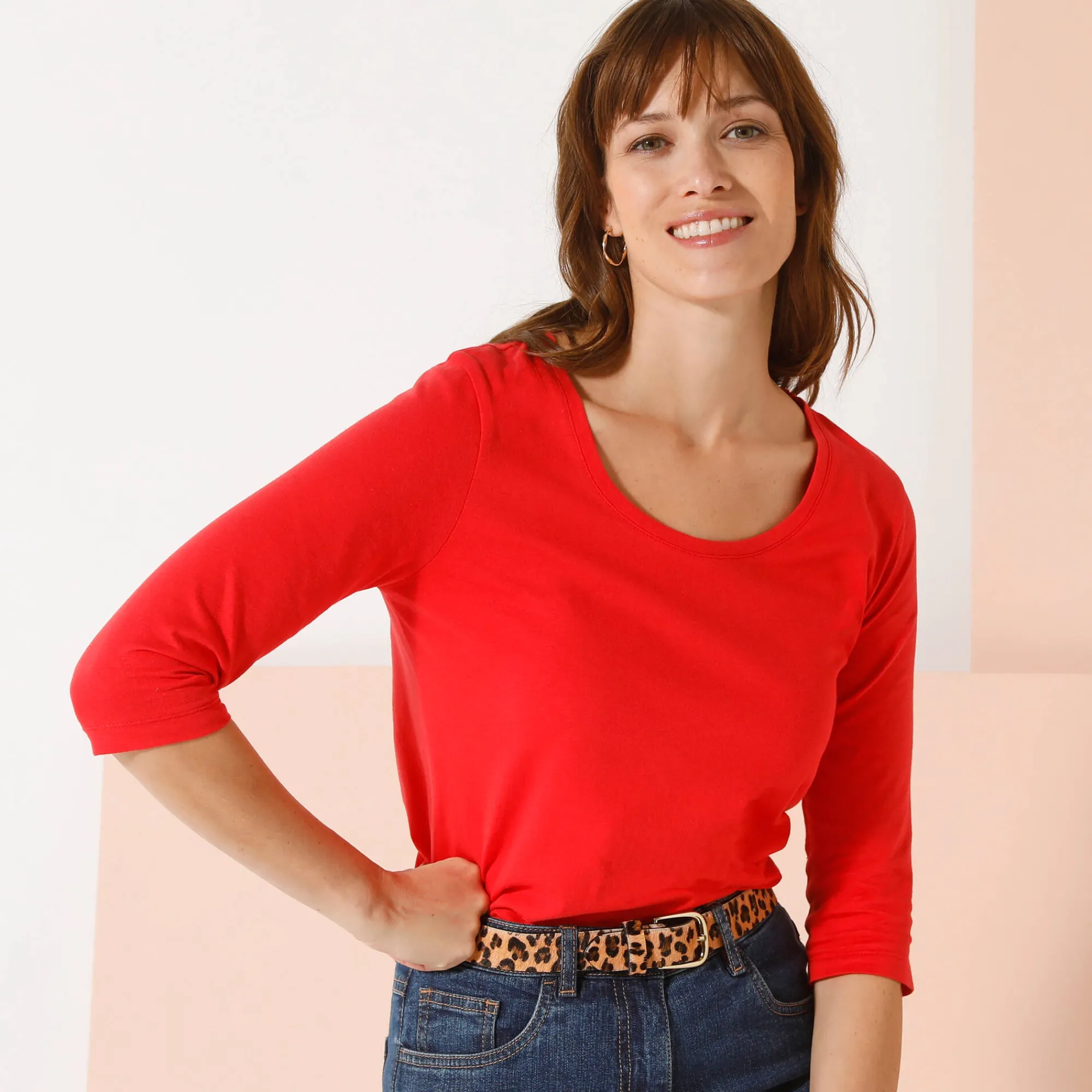T-Shirt En Topje<Blancheporte Effen T-shirt met 3/4-mouwen en ronde hals, katoen klaproosrood