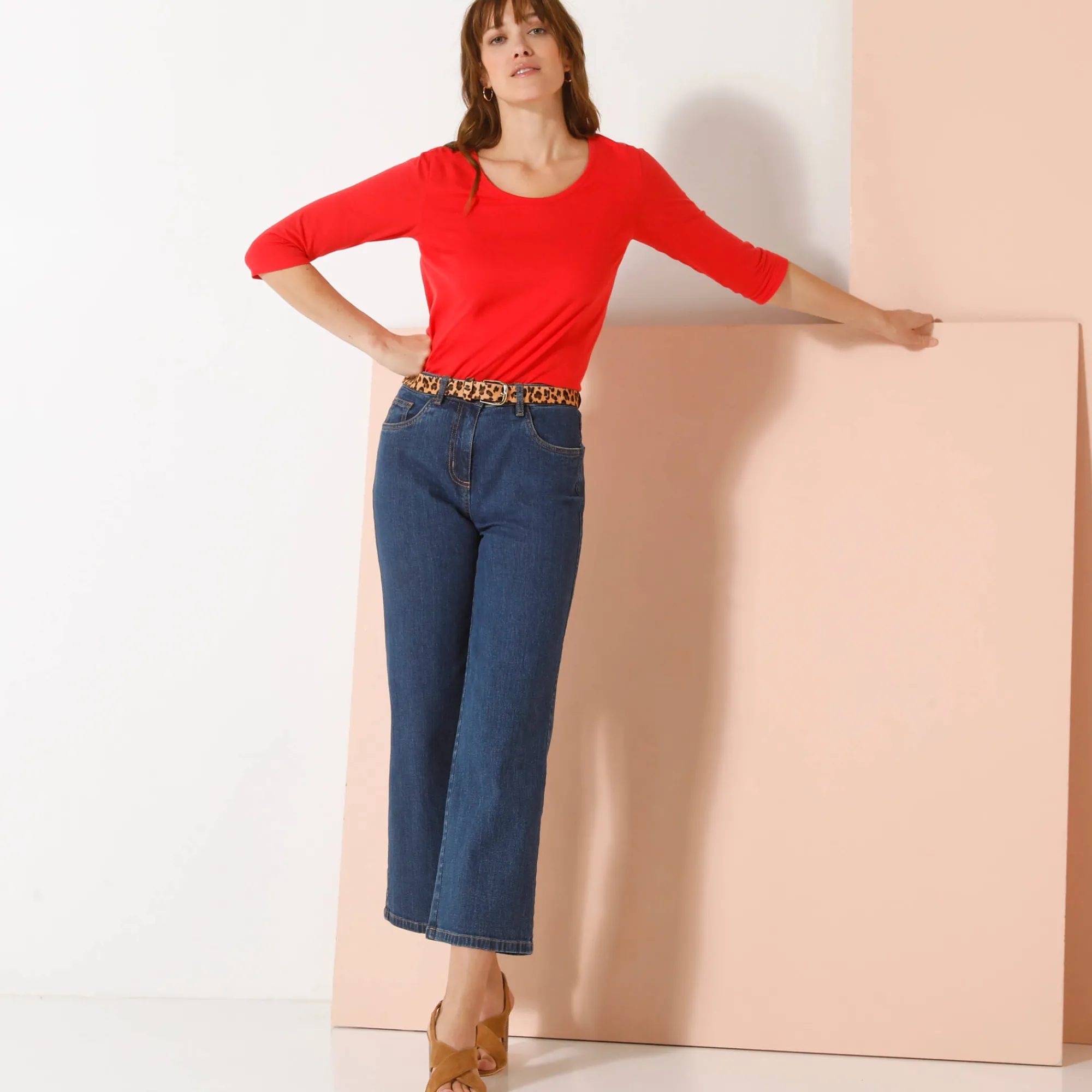 T-Shirt En Topje<Blancheporte Effen T-shirt met 3/4-mouwen en ronde hals, katoen klaproosrood