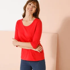 T-Shirt En Topje<Blancheporte Effen T-shirt met 3/4-mouwen en ronde hals, katoen klaproosrood