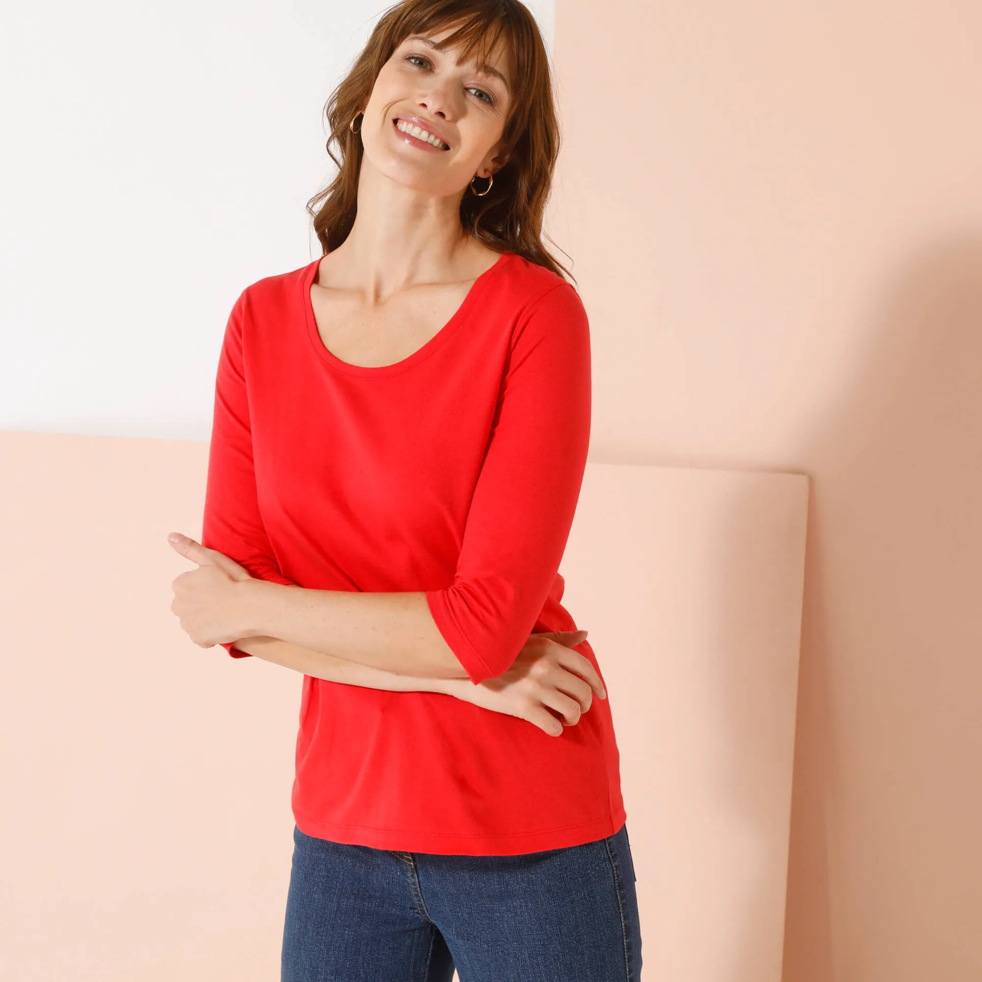 T-Shirt En Topje<Blancheporte Effen T-shirt met 3/4-mouwen en ronde hals, katoen klaproosrood