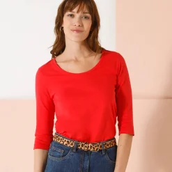 T-Shirt En Topje<Blancheporte Effen T-shirt met 3/4-mouwen en ronde hals, katoen klaproosrood
