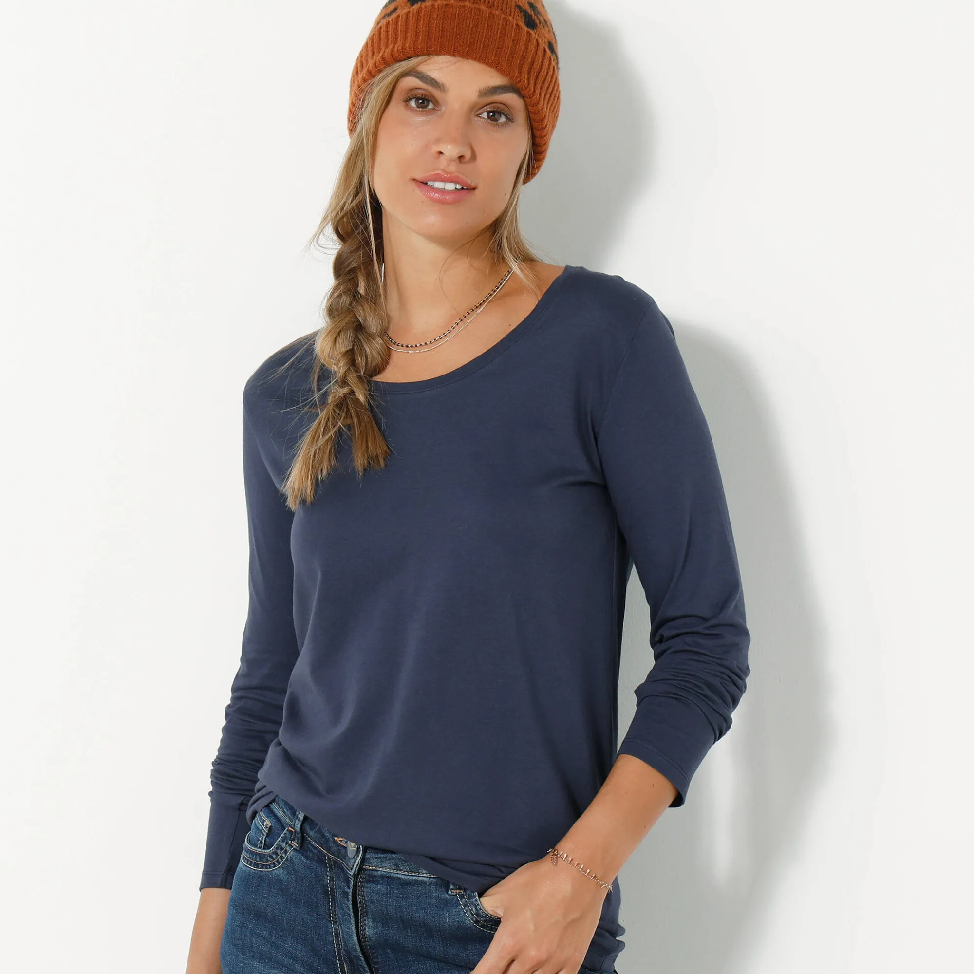 T-Shirt En Topje<Blancheporte Effen T-shirt met ronde hals en lange mouwen marine