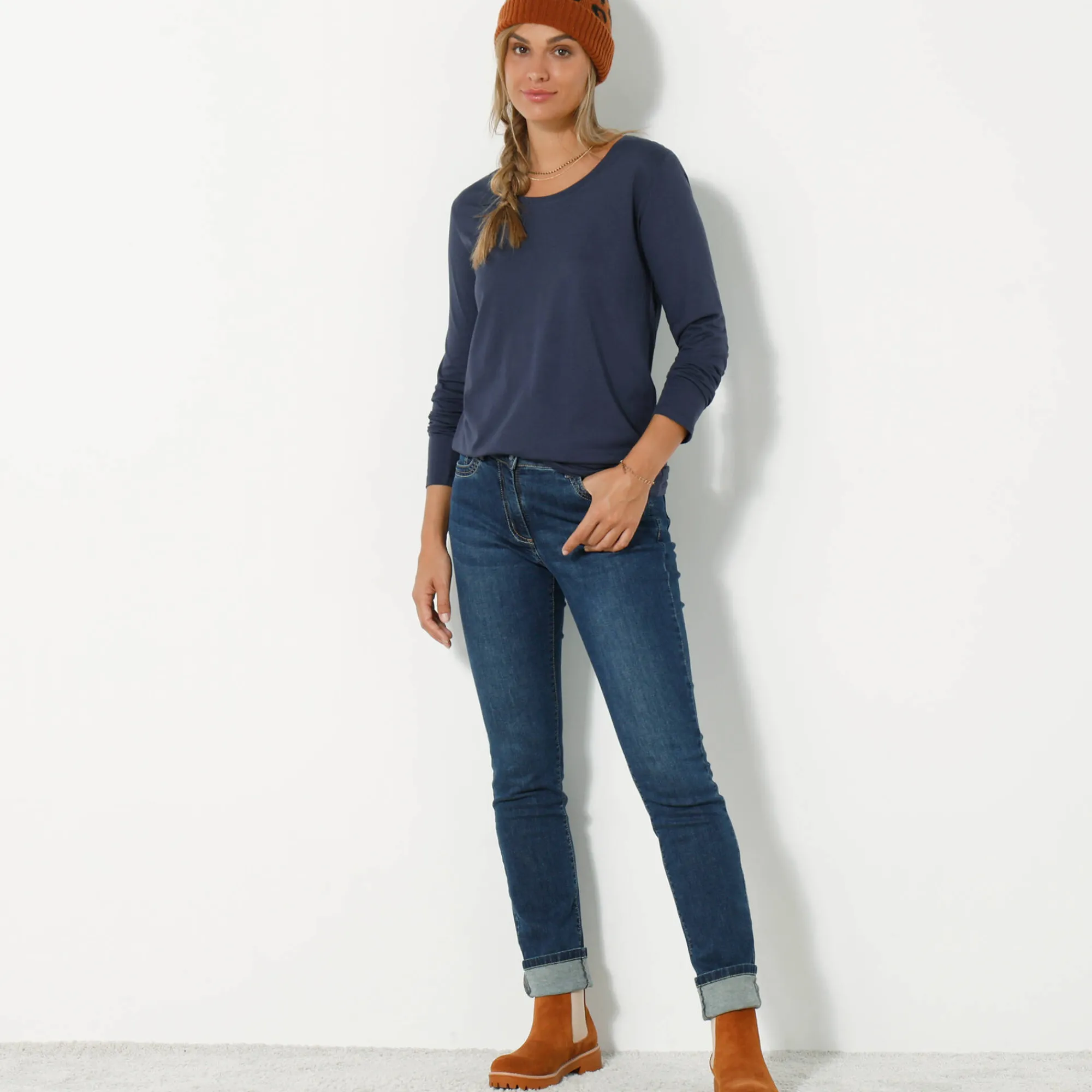 T-Shirt En Topje<Blancheporte Effen T-shirt met ronde hals en lange mouwen marine