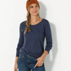 T-Shirt En Topje<Blancheporte Effen T-shirt met ronde hals en lange mouwen marine