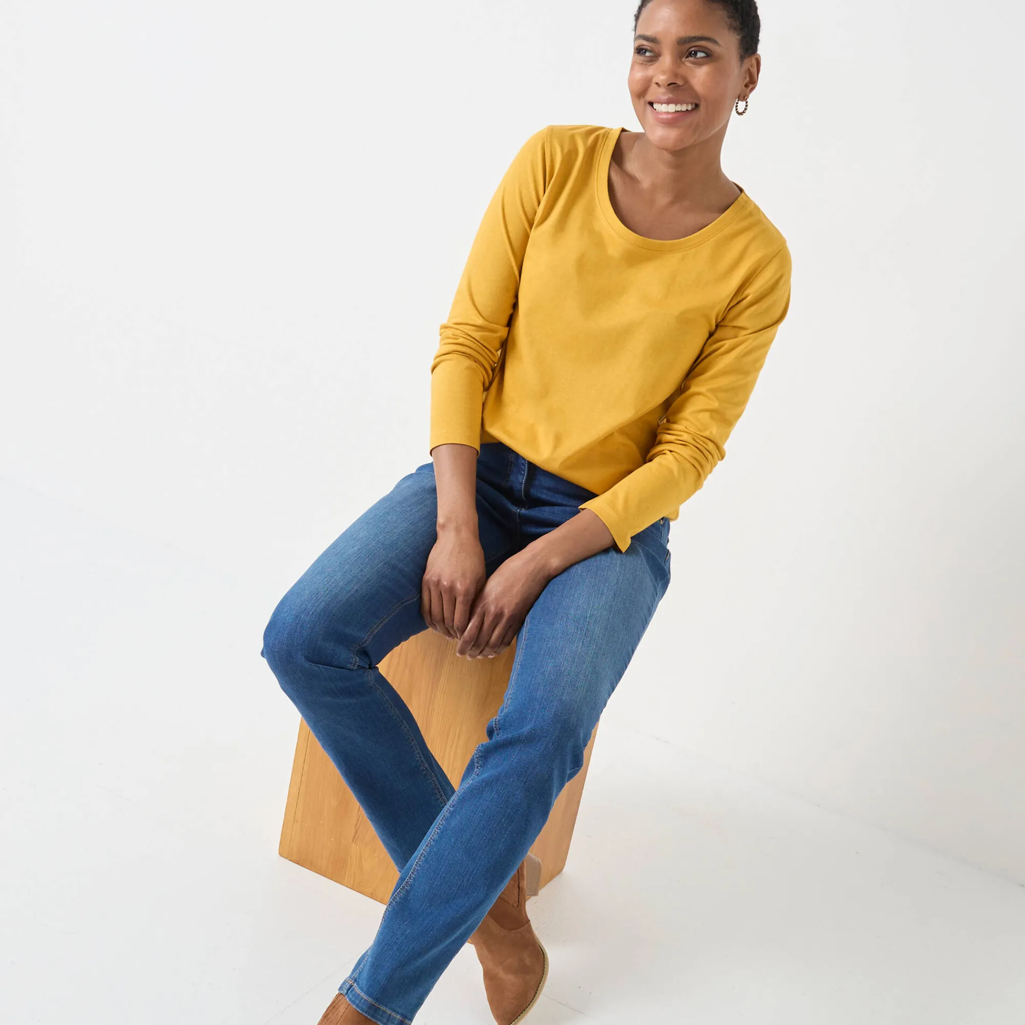 T-Shirt En Topje<Blancheporte Effen T-shirt met ronde hals en lange mouwen kerrie