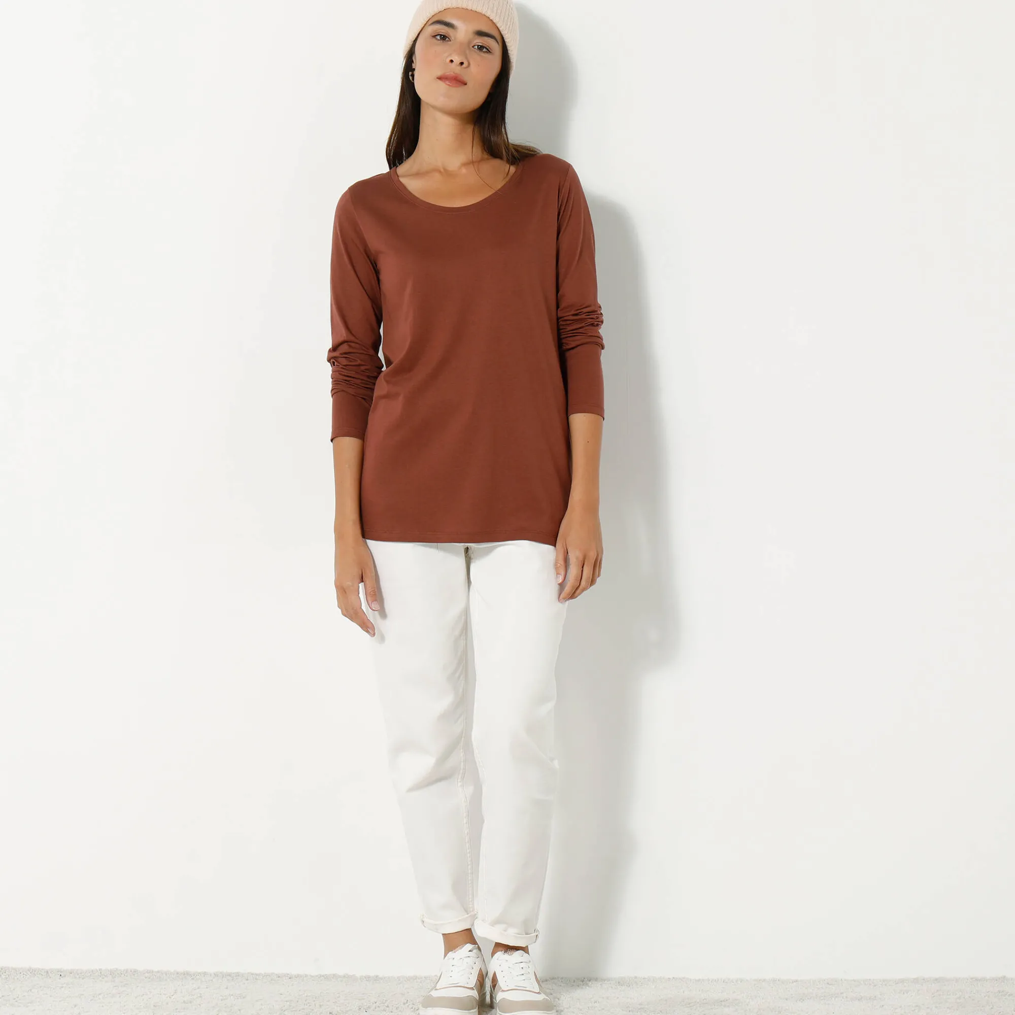 T-Shirt En Topje<Blancheporte Effen T-shirt met ronde hals en lange mouwen chocolade