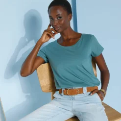 T-Shirt En Topje<Blancheporte Effen T-shirt met ronde hals en korte mouwen, katoen grijsgroen