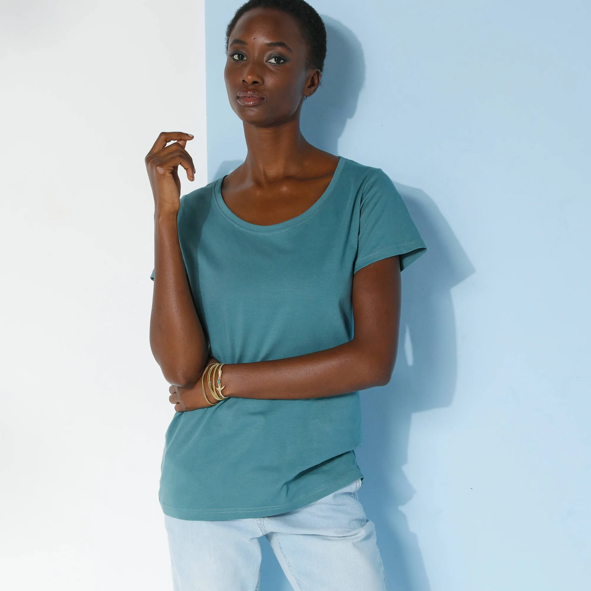 T-Shirt En Topje<Blancheporte Effen T-shirt met ronde hals en korte mouwen, katoen grijsgroen